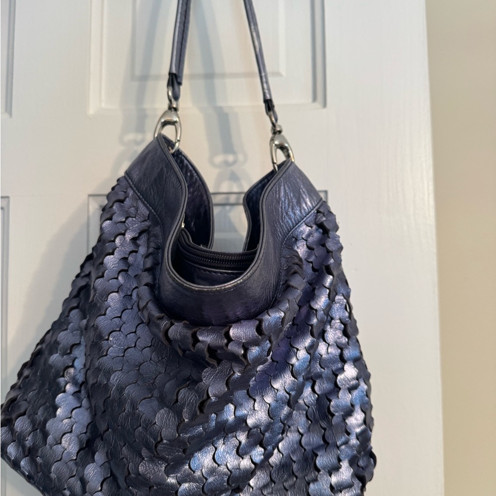 Woven Metallic Navy Hobo Bag - Women - Picture 8 of 9